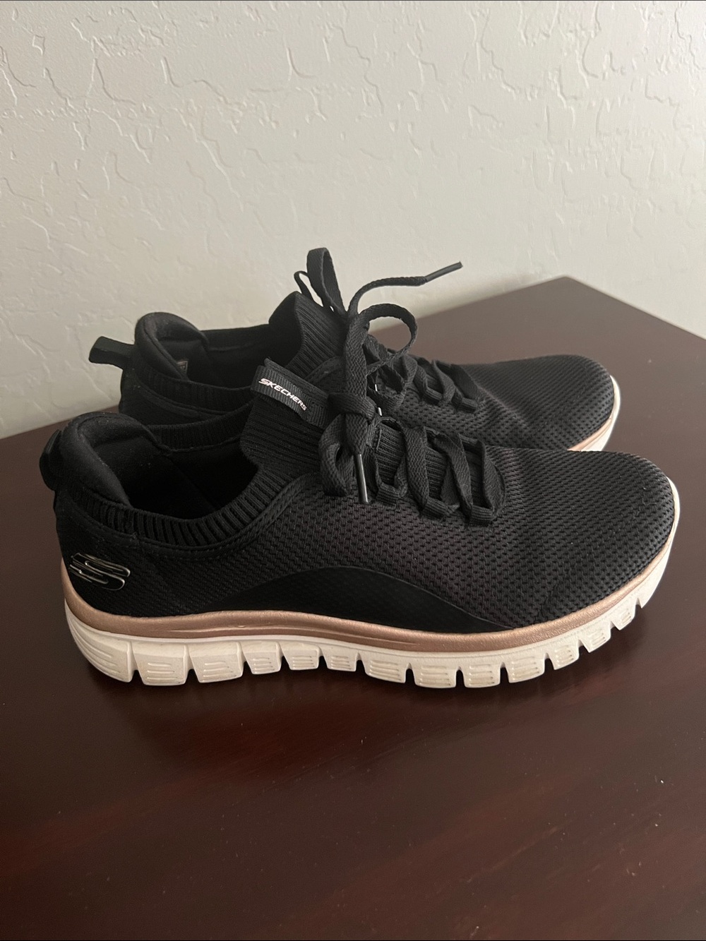 Skechers Black Knit Slip-On Athletic Sneakers with Rose Gold Accent